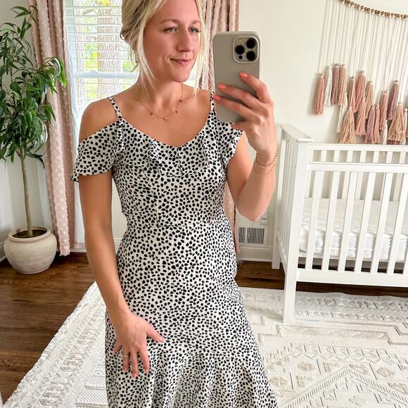 BCX Printed Short Sleeve Cold Shoulder Tea-Length Dress Black White S - Picture 4 of 9